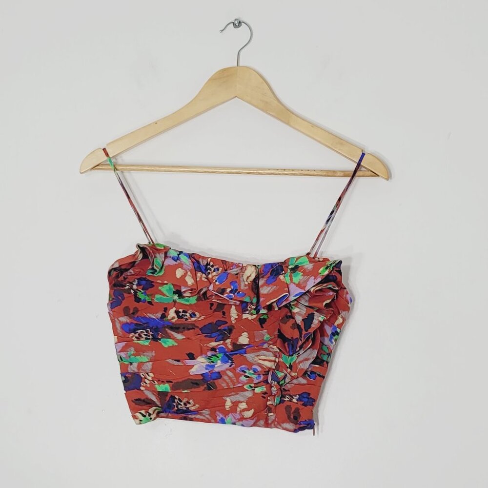 Zara Red Floral Ruffled Corset Crop Spaghetti Straps Adjusable NWOT Extra Small